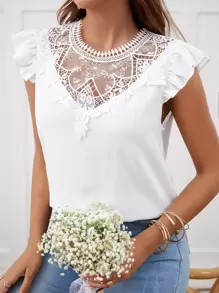 SHEIN Frenchy Blusa de manga corta con ribete de encaje en contraste y estampado floral al estilo Bridgerton