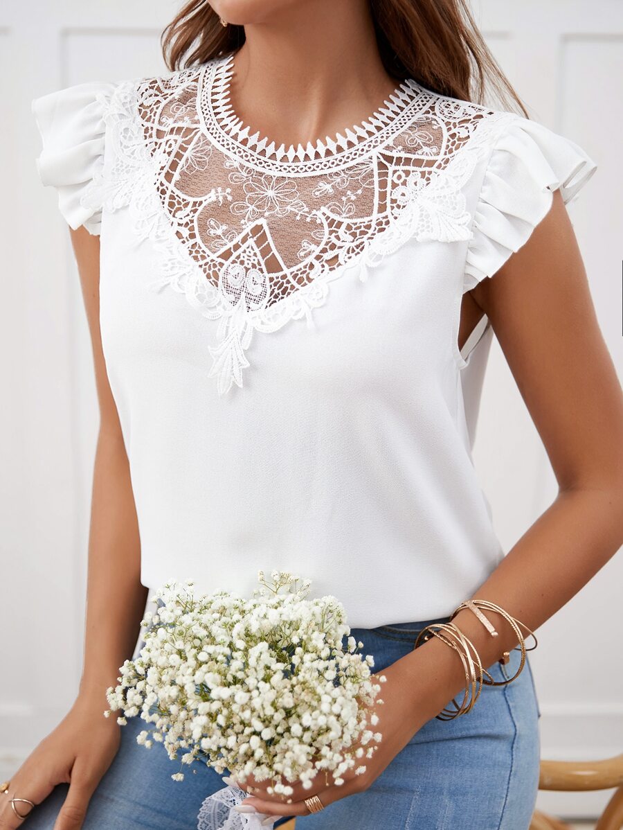SHEIN Frenchy Blusa de manga corta con ribete de encaje en contraste y estampado floral al estilo Bridgerton