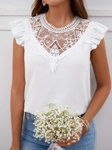 SHEIN Frenchy Blusa de manga corta con ribete de encaje en contraste y estampado floral al estilo Bridgerton