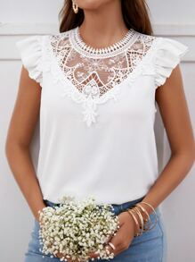 SHEIN Frenchy Blusa de manga corta con ribete de encaje en contraste y estampado floral al estilo Bridgerton