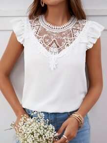 SHEIN Frenchy Blusa de manga corta con ribete de encaje en contraste y estampado floral al estilo Bridgerton