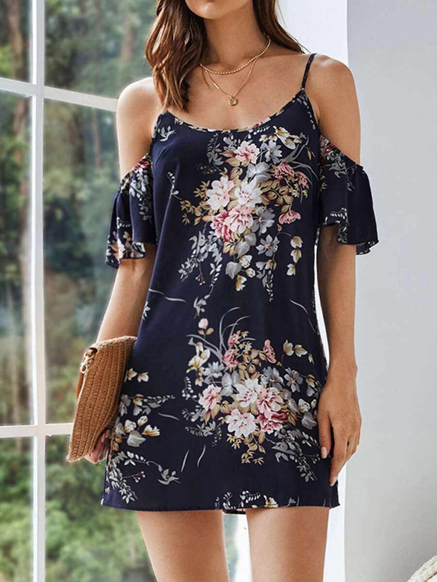 SHEIN Clasi Đầm Hoa Boho - Màu xanh hải quân - Xem 1