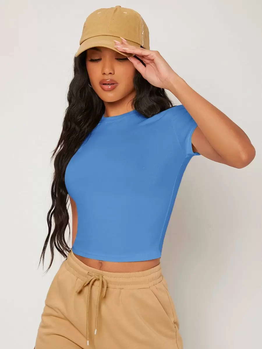 SHEIN BASICS Solid Form Fitted Tee - Blue - View 1