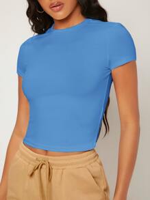 SHEIN BASICS Solid Form Fitted Tee - Blue - View 4