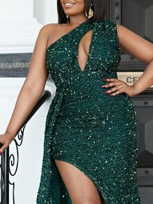 seomiscky 大碼單肩鏤空垂墜不對稱下擺亮片正式連衣裙 - 墨綠色 - 查看 7