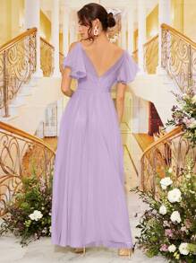 SHEIN Belle Split Butterfly Sleeve Wrap Hem Mesh Bridesmaid Dress Elegant Dress - Lilac Purple - View 2
