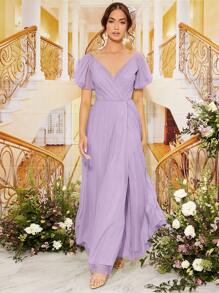 SHEIN Belle Split Butterfly Sleeve Wrap Hem Mesh Bridesmaid Dress Elegant Dress - Lilac Purple - View 3
