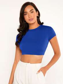 SHEIN BASICS Solid Mock Neck Crop Top - Royal Blue - View 3