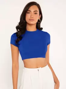 SHEIN BASICS Solid Mock Neck Crop Top - Royal Blue - View 4