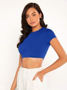 SHEIN BASICS Solid Mock Neck Crop Top - Royal Blue - View 5