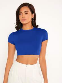 SHEIN BASICS Solid Mock Neck Crop Top - Royal Blue - View 6