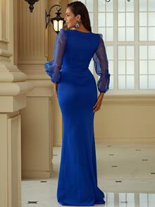 Missord Appliques Mesh Lantern Sleeve Floor Length Formal Dress - Royal Blue - View 2