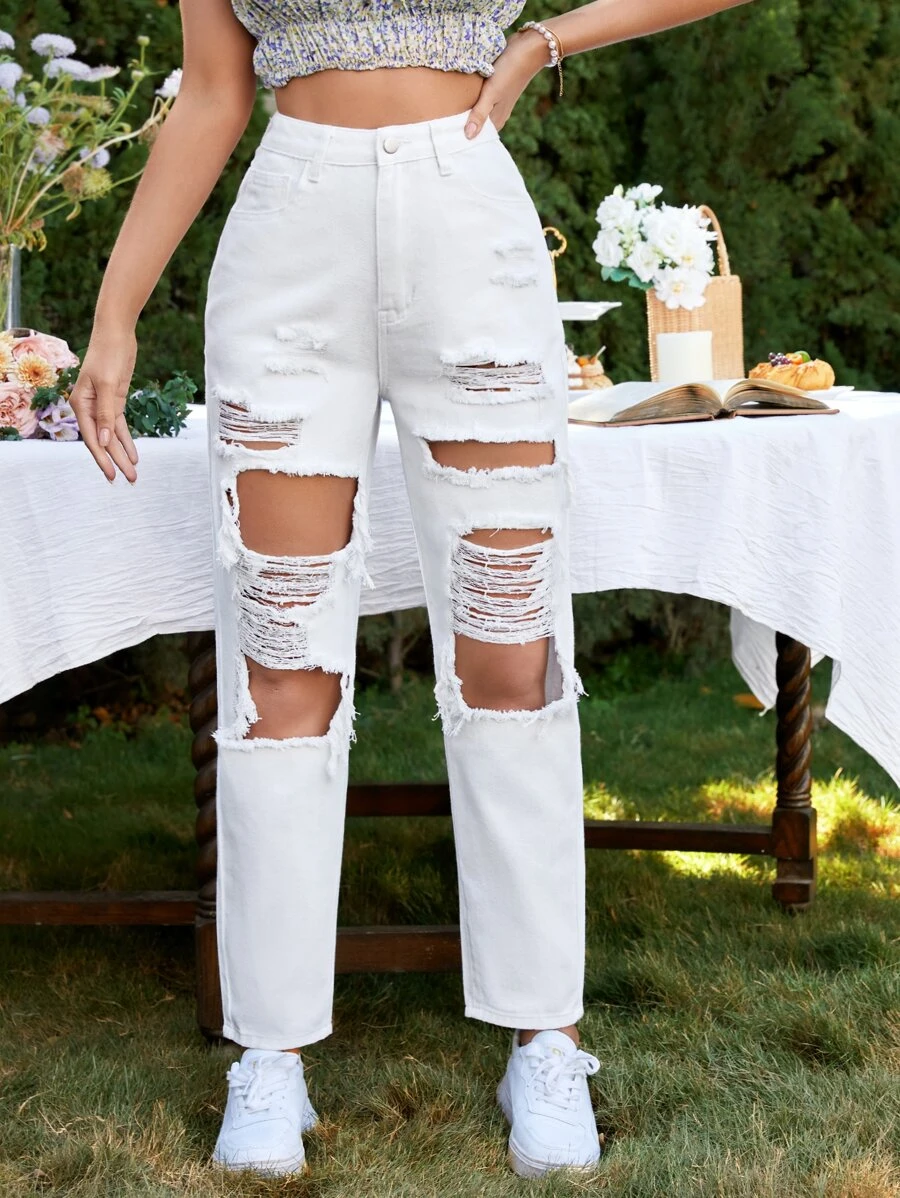 Cut Out Ripped Frayed Carrot Jeans - White - View 1