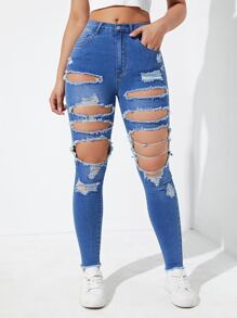 Cut Out Ripped Raw Trim Skinny Jeans - Medium Wash - View 4