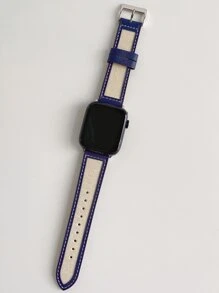 1pc Canvas And Genuine Leather Watch Strap Stylish Compatible With Apple Watch Band 49mm 45mm 44mm 42mm 41mm 38mm 40mm Compatible With Apple Watch Ultra SE Series 8 7 6 5 4 3 2 1 Men Women - Blue and White - View 2