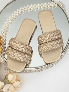 Girls Metallic Braided Detail Slippers - Gold - View 2