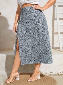 SHEIN VCAY Plus Ditsy Floral Slit Skirt - Multicolor - View 4