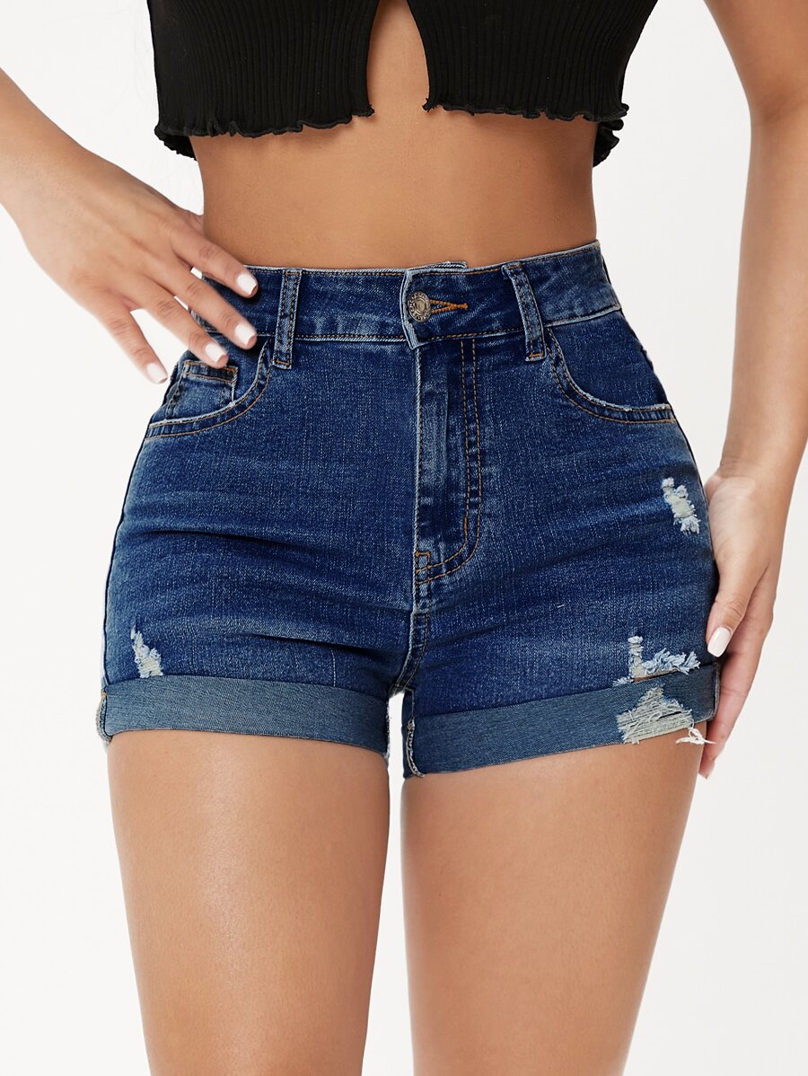 SHEIN PETITE 破洞卷邊牛仔短褲 - 深色水洗藍 - 查看 1