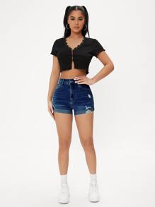 SHEIN PETITE 破洞卷邊牛仔短褲 - 深色水洗藍 - 查看 3
