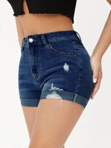 SHEIN PETITE 破洞卷邊牛仔短褲 - 深色水洗藍 - 查看 4
