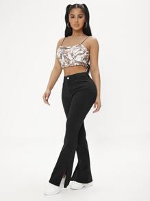 SHEIN PETITE Jeans de pierna amplia bajo con abertura - Negro - Ver 4