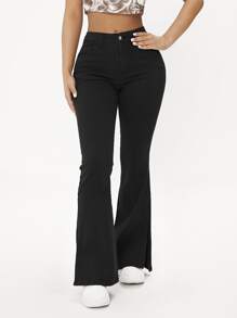 SHEIN PETITE Jeans de pierna amplia bajo con abertura - Negro - Ver 5