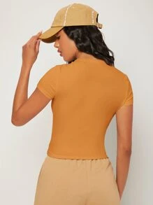 SHEIN BASICS Áo thun nữ màu trơn Cơ bản - Màu Mù tạt vàng - Xem 2