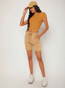 SHEIN BASICS Áo thun nữ màu trơn Cơ bản - Màu Mù tạt vàng - Xem 6