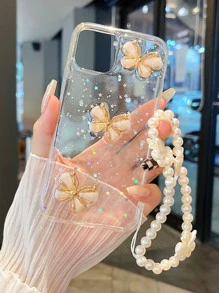蝴蝶樹脂滴膠手機外殼帶珍珠手機掛繩 - 彩色 - 查看 1