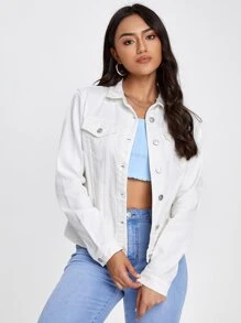 SHEIN EZwear Flap Pocket Denim Jacket - White - View 1
