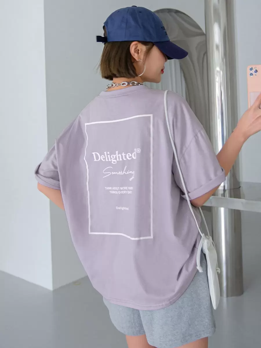 DAZY Slogan Graphic Drop Shoulder Tee - Lilac Purple - View 1