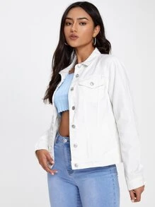 SHEIN EZwear Flap Pocket Denim Jacket - White - View 3