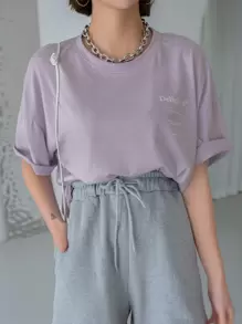 DAZY Slogan Graphic Drop Shoulder Tee - Lilac Purple - View 2