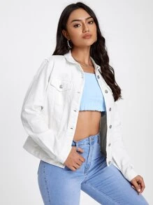 SHEIN EZwear Flap Pocket Denim Jacket - White - View 5