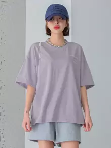 DAZY Slogan Graphic Drop Shoulder Tee - Lilac Purple - View 4