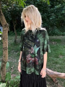 ROMWE PUNK Grunge Figure Graphic Tie Dye Drop Shoulder Tee - Dark Green - View 3