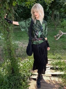 ROMWE PUNK Grunge Figure Graphic Tie Dye Drop Shoulder Tee - Dark Green - View 5