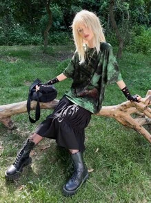 ROMWE PUNK Grunge Figure Graphic Tie Dye Drop Shoulder Tee - Dark Green - View 6