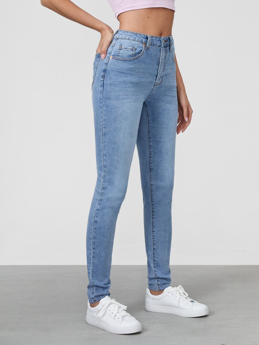 SHEIN Tall 斜口袋緊身牛仔褲 - 淺色水洗藍 - 查看 1