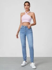 SHEIN Tall 斜口袋緊身牛仔褲 - 淺色水洗藍 - 查看 2