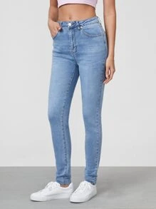 SHEIN Tall 斜口袋緊身牛仔褲 - 淺色水洗藍 - 查看 4