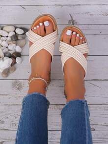 Braided Detail Cross Strap Slide Sandals - Beige - View 1