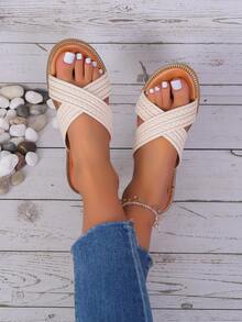 Braided Detail Cross Strap Slide Sandals - Beige - View 2