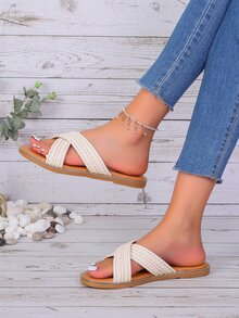Braided Detail Cross Strap Slide Sandals - Beige - View 4