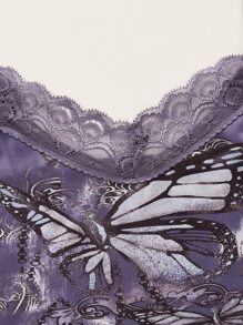 ROMWE Goth Top de tirantes con estampado de mariposa ribete con encaje - Morado - Ver 3