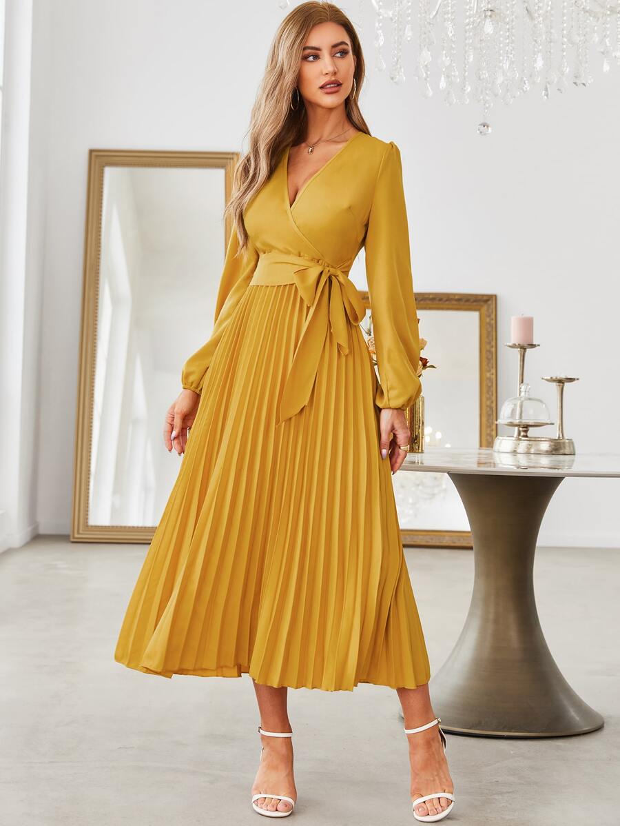 Modelyn Solid Tie Front Pleated Hem Dress - Yellow - View 1
