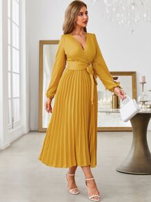 Modelyn Solid Tie Front Pleated Hem Dress - Yellow - View 4