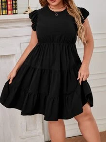 SHEIN Clasi Đầm Plus Size Xù Viên lá sen màu trơn Giải trí - màu đen - Xem 1