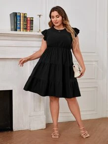 SHEIN Clasi Đầm Plus Size Xù Viên lá sen màu trơn Giải trí - màu đen - Xem 3