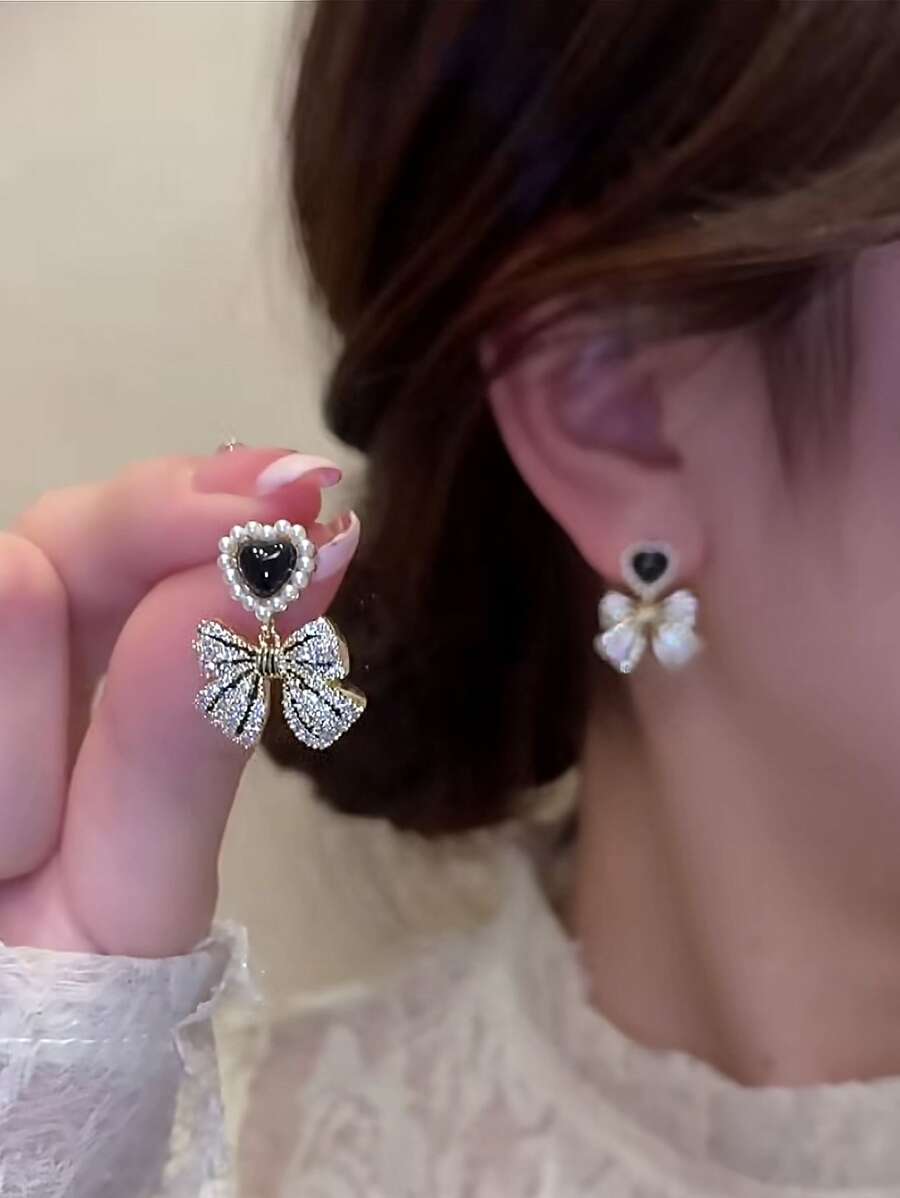 Faux Pearl Decor Heart & Bow Drop Earrings - Yellow Gold - View 1